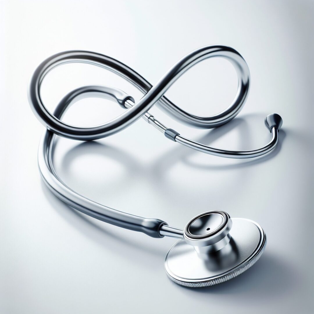 A stethoscope that is curled up to form an infinity sign.